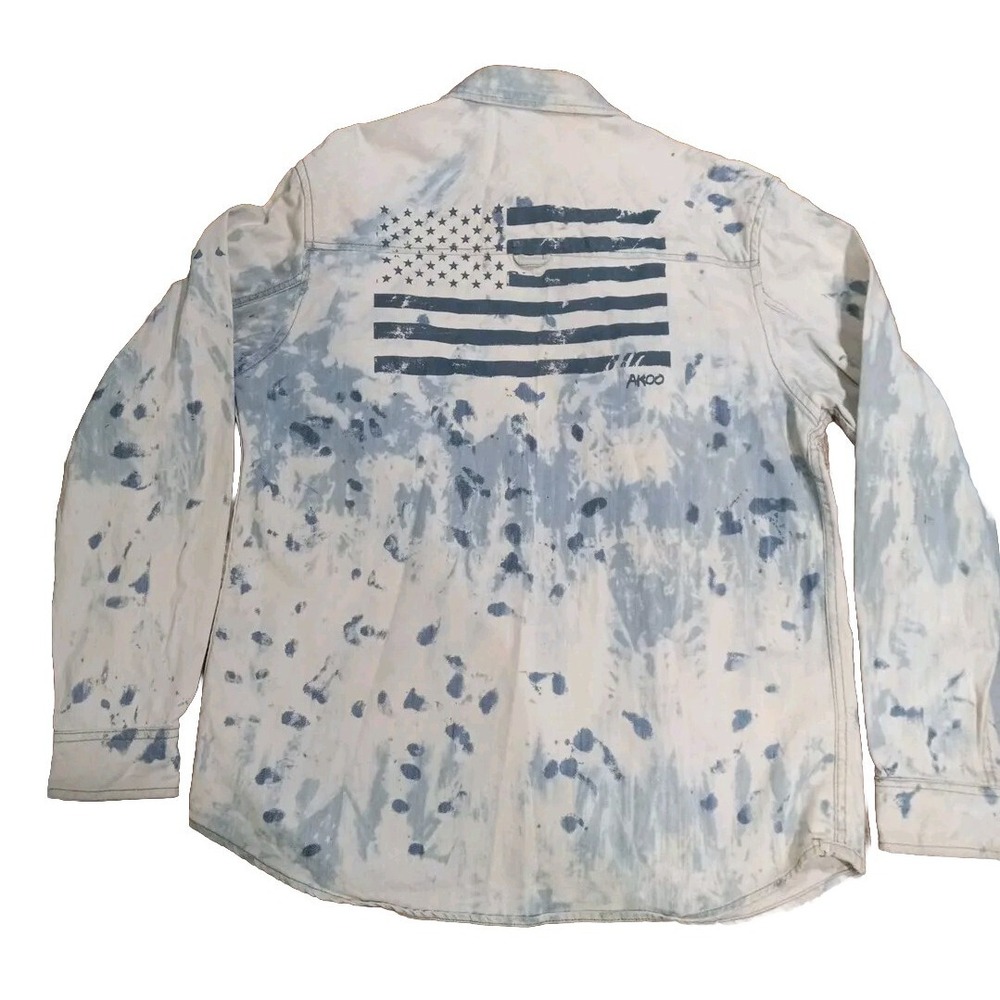 Akoo Denim Distress Shirt Mens XL White Acid Wash American Flag Logo Button Up